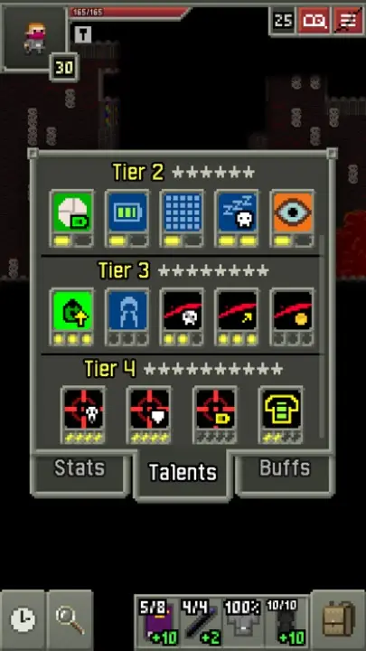 The talent screen in Shattered Pixel Dungeon, a grid of pixel-art ability icons