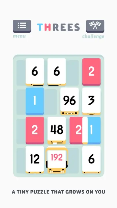 A board of numbered tiles in Threes!, with a queued tile above it